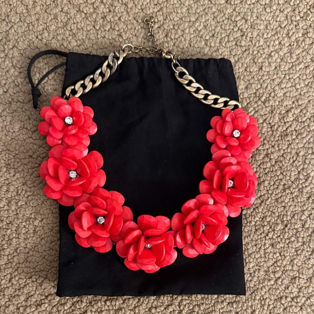 J. Crew Red Floral Necklace with Gold Chain